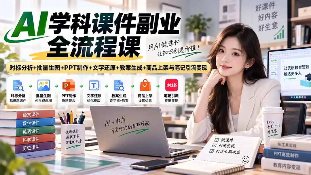 AI学科课件副业全流程课｜对标分析+批量生图+PPT制作+文字还原+教案生成+商品上架与笔记引流变现-项目资源网