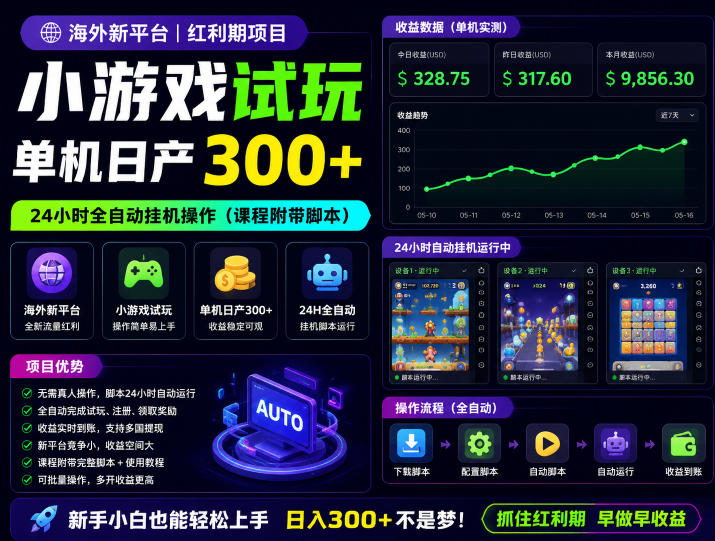 海外新平台，小游戏试玩，单机日产300+，24小时全自动挂G操作(课程附带脚本)【揭秘】-项目资源网