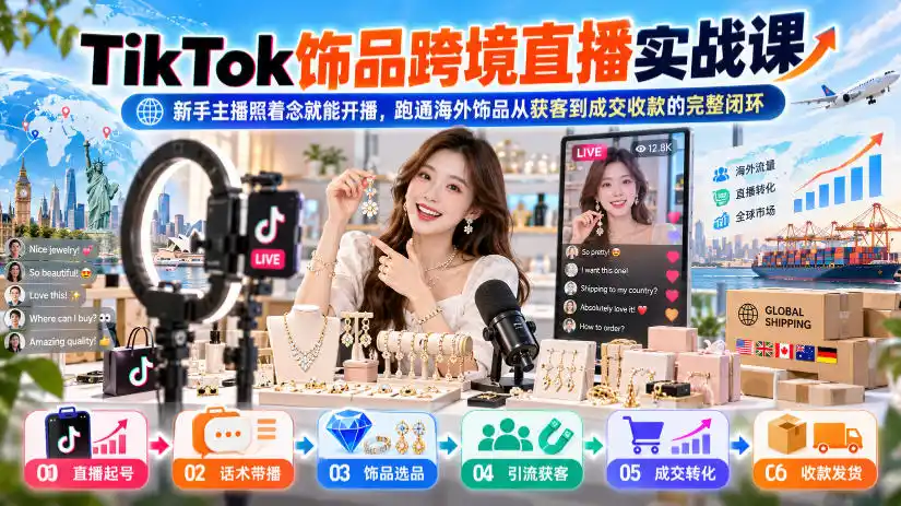 TikTok饰品跨境直播实战课,新手主播照着念就能开播,跑通海外饰品从获客到成交收款的完整闭环-项目资源网