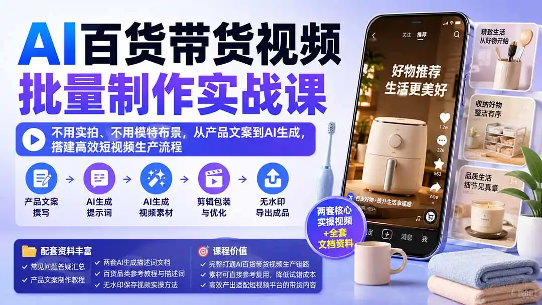 AI百货带货视频批量制作实战课：不用实拍、不用模特布景，从产品文案到AI生成，搭建高效短视频生产流程-项目资源网
