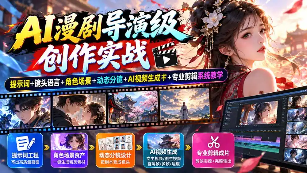 AI漫剧导演级创作实战:提示词+镜头语言+角色场景+动态分镜+AI视频生成+专业剪辑系统教学-项目资源网