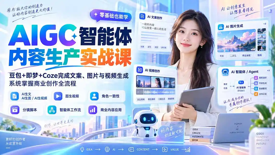 AIGC智能体内容生产实战课：豆包+即梦+Coze完成文案、图片与视频生成，系统掌握商业创作全流程-项目资源网