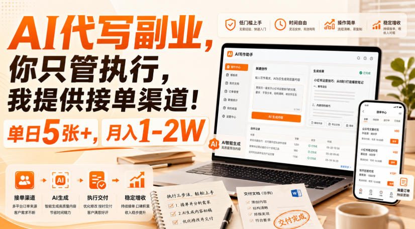 AI代写副业,你只管执行,我提供接单渠道!单日5张+,月入1-2W【揭秘】 AI代写副业,你只管执行,我提供接单渠道!单日5张+,月入1-2W【揭秘】