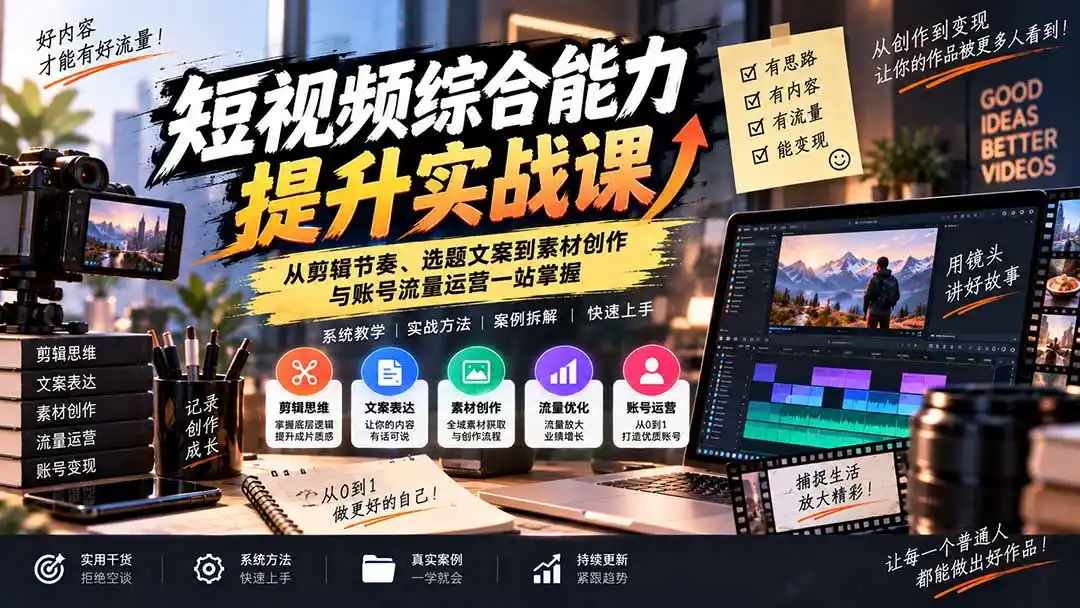 短视频综合能力提升实战课：从剪辑节奏、选题文案到素材创作与账号流量运营一站掌握-项目资源网