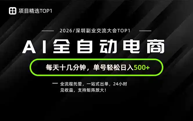 副业精选TOP1，全流程托管，24小时见收益，单号轻松日入500+-项目资源网