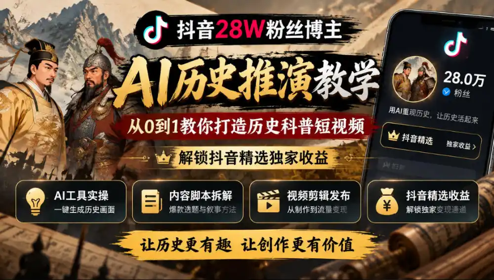 抖音28W粉丝博主的AI历史推演教学,从0到1教你打造历史科普短视频,解锁抖音精选独家收益-项目资源网