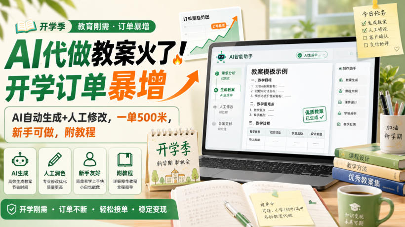 AI代做教案火了!开学订单暴增,AI自动生成+人工修改,一单500米,新手可做,附教程【揭秘】 AI代做教案火了!开学订单暴增,AI自动生成+人工修改,一单500米,新手可做,附教程【揭秘】