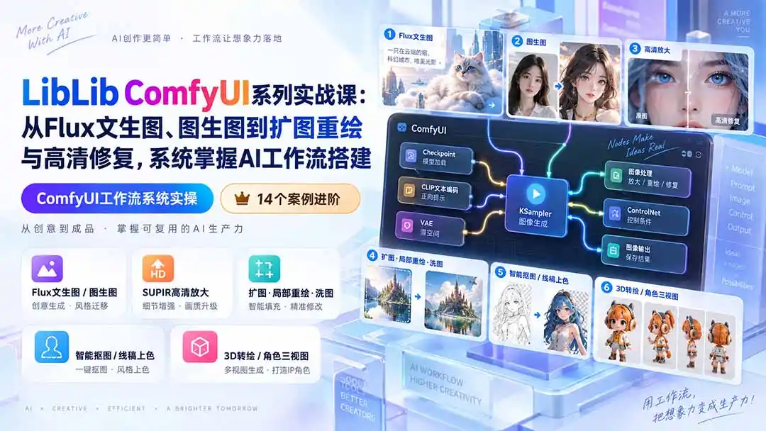 LibLib ComfyUI系列实战课：从Flux文生图、图生图到扩图重绘与高清修复，系统掌握AI工作流搭建-项目资源网
