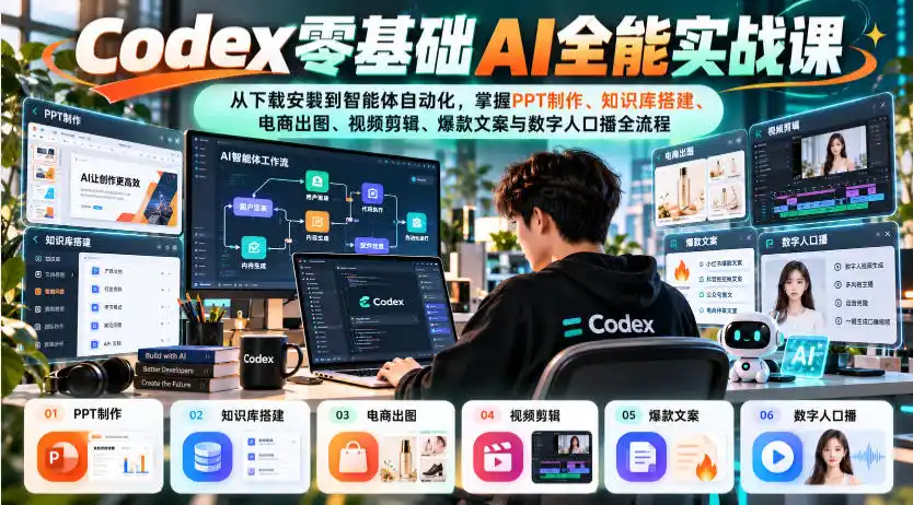 Codex零基础AI全能实战课:从下载安装到智能体自动化,掌握知识库搭建、电商出图、视频剪辑、爆款文案与数字人口播全流程-项目资源网