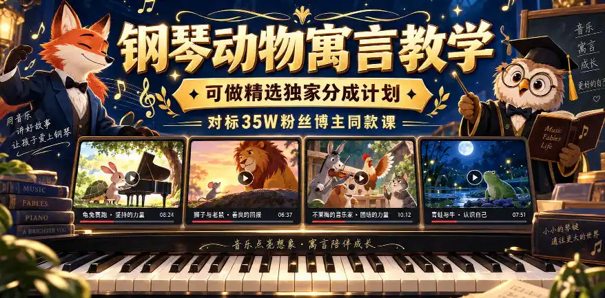 钢琴动物寓言教学,可做精选独家分成计划,对标35W粉丝博主同款课-项目资源网