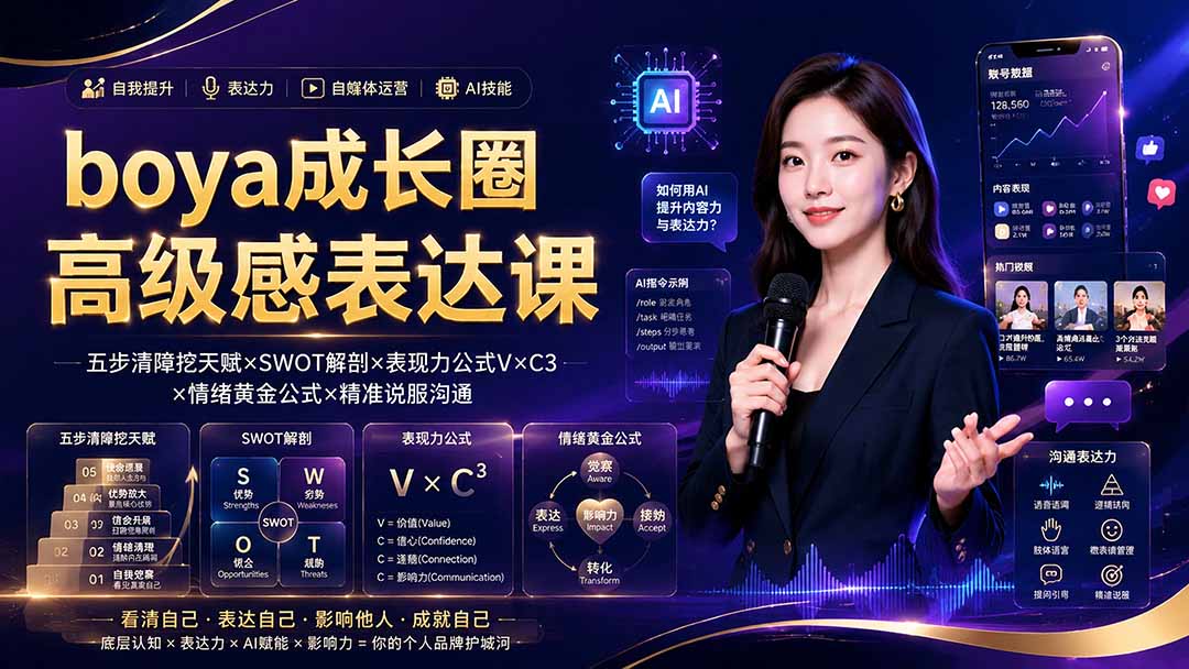 boya成长圈｜内心成长高级表达AI自媒体三合一，消解内耗挖掘天赋，镜头沟通AI指令短视频全流程教学-项目资源网