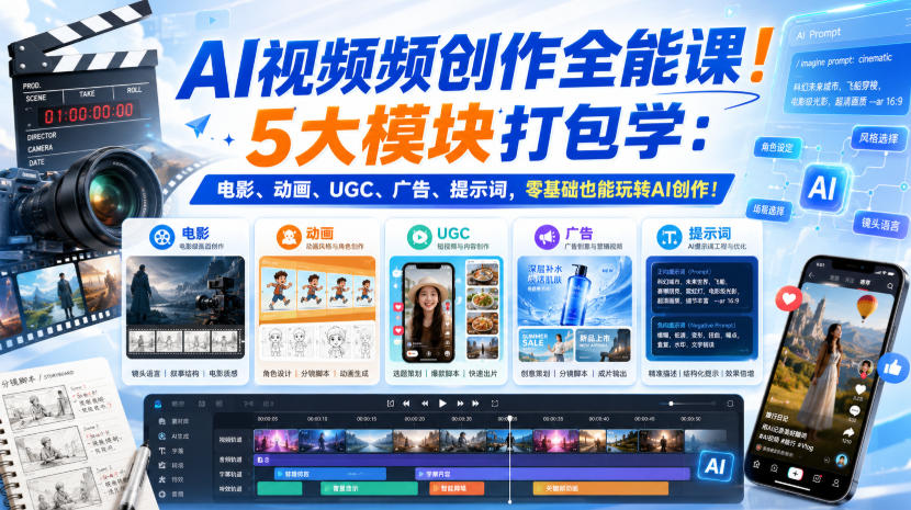 AI视频频创作全能课！5大模块打包学：电影、动画、UGC、广告、提示词，零基础也能玩转AI创作！【原创双语字幕】-项目资源网