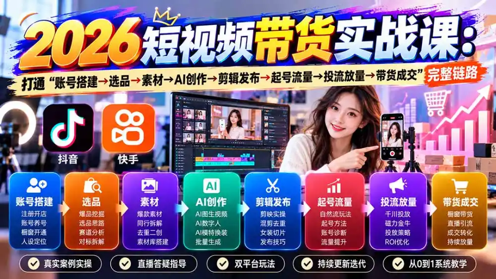 2026短视频带货实战课9月：打通“账号搭建→选品→素材→AI创作→剪辑发布→起号流量→投流放量→带货成交”完整链路-项目资源网