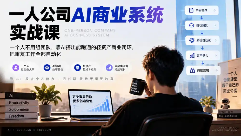 一人公司AI商业系统实战课，一个人不用组团队，靠AI搭出能跑通的轻资产商业闭环，把重复工作全部自动化-项目资源网