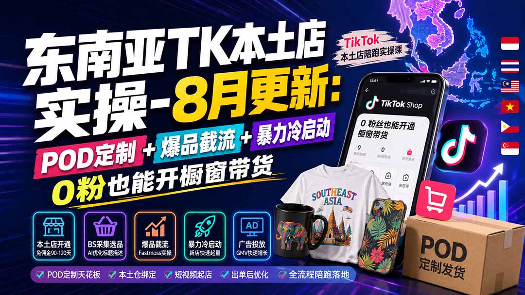 东南亚TK本土店实操-8月更新：POD定制+爆品截流+暴力冷启动，0粉也能开橱窗带货-项目资源网