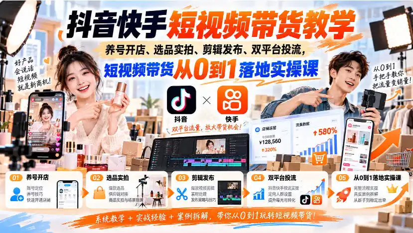 抖音快手短视频带货教学｜养号开店、选品实拍、剪辑发布、双平台投流，短视频带货从0到1落地实操课-项目资源网