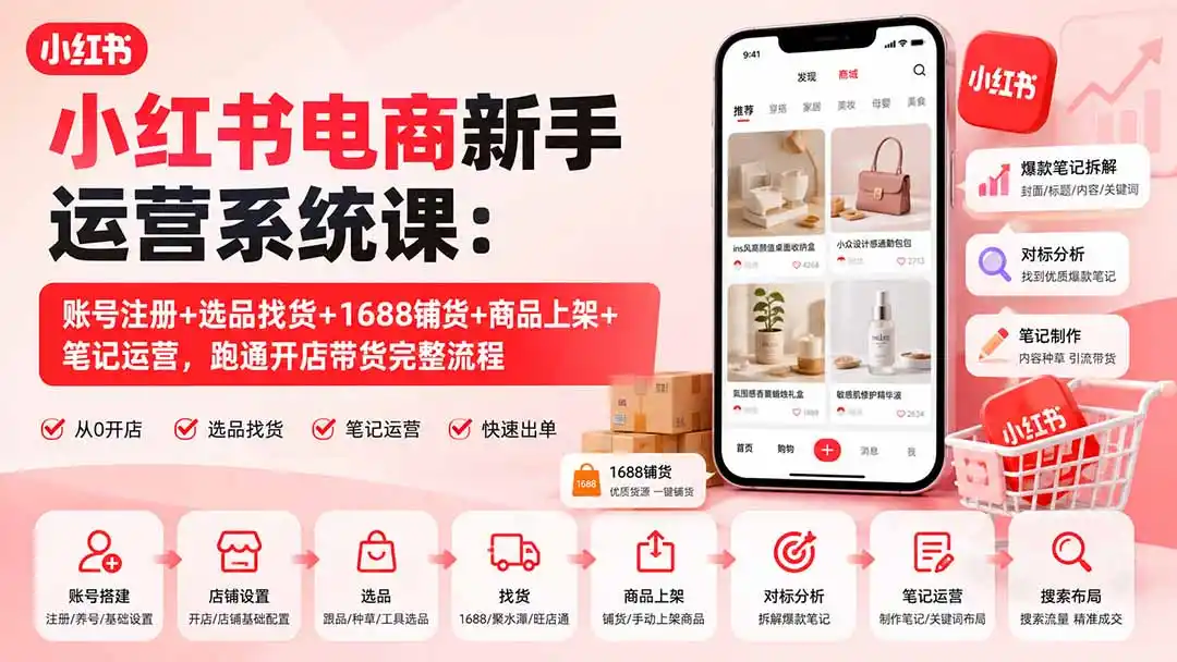 小红书电商新手运营系统课：账号注册+选品找货+1688铺货+商品上架+笔记运营，跑通开店带货完整流程-项目资源网