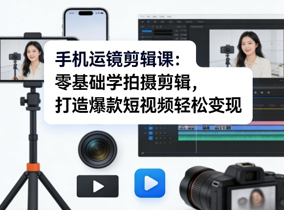 手机运镜剪辑课：零基础学拍摄剪辑，打造爆款短视频轻松变现-项目资源网