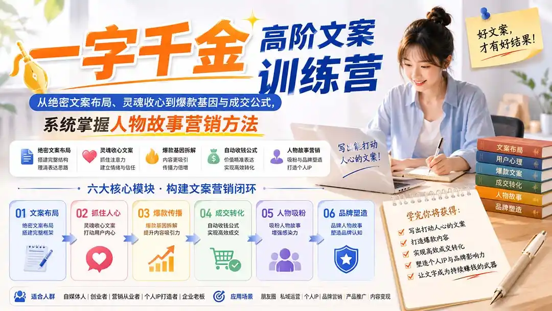 一字千金高阶文案训练营：从绝密文案布局、灵魂收心到爆款基因与成交公式，系统掌握人物故事营销方法-项目资源网