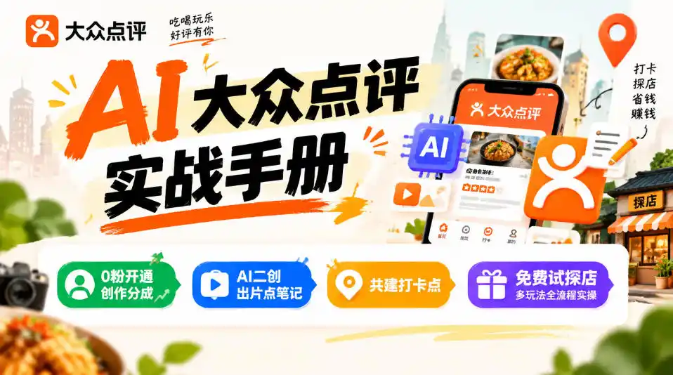 某局的AI大众点评实战手册，0粉开通创作分成、AI二创出片点笔记、共建打卡点、免费试探店多玩法全流程实操-项目资源网