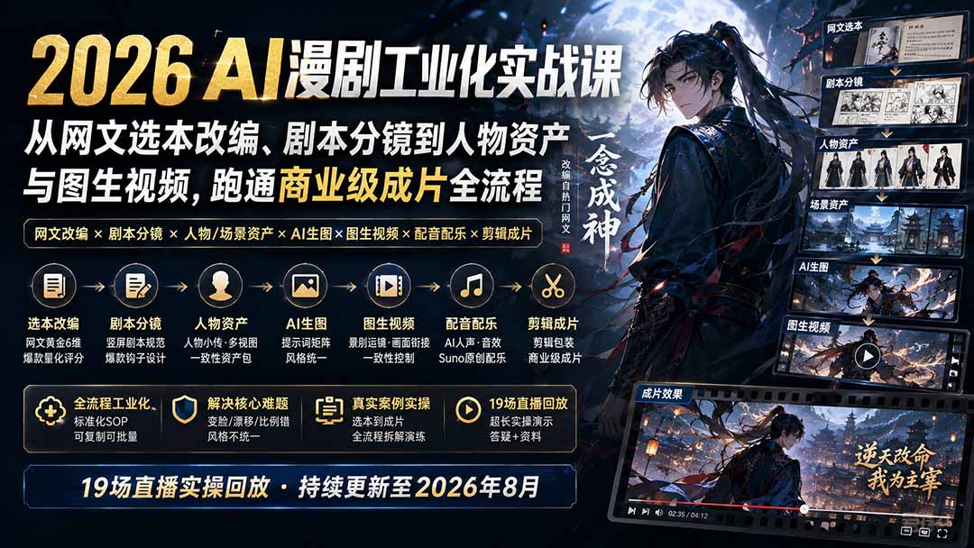 2026 AI漫剧工业化实战课-更新：从网文选本改编、剧本分镜到人物资产与图生视频，跑通商业级成片全流程-项目资源网