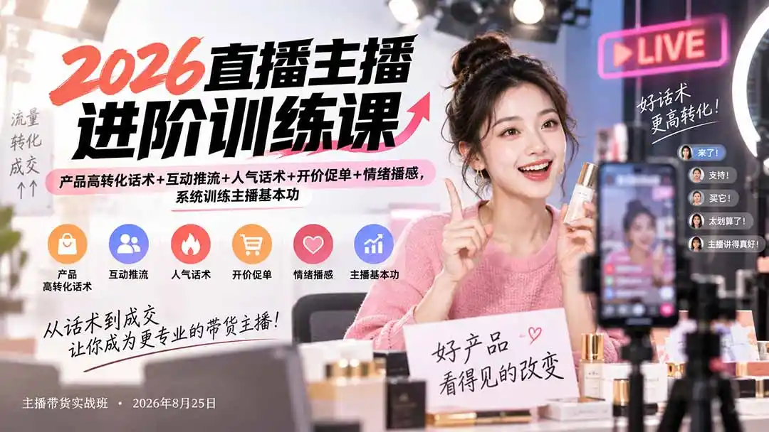 2026直播主播进阶训练课：产品高转化话术+互动推流+人气话术+开价促单+情绪播感，系统训练主播基本功-项目资源网