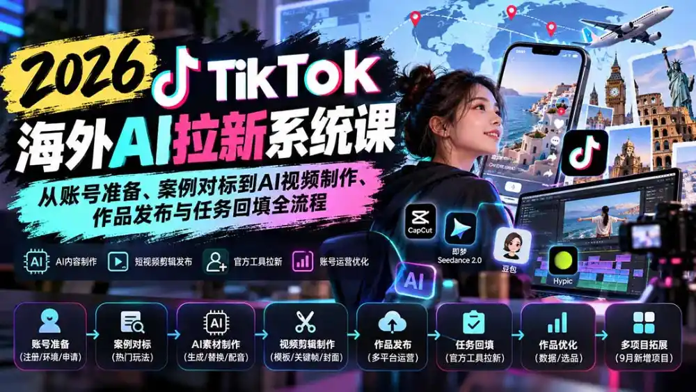 【无水印】2026 TikTok海外AI拉新系统课：从账号准备、案例对标到AI视频制作、作品发布与任务回填全流程-项目资源网