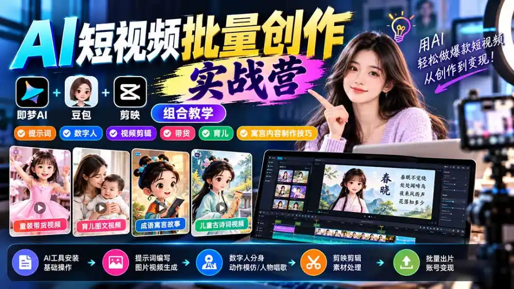 【无水印】AI短视频批量创作实战营：即梦+豆包+剪映组合教学，提示词/数字人/视频剪辑/带货/育儿/寓言内容制作技巧-项目资源网