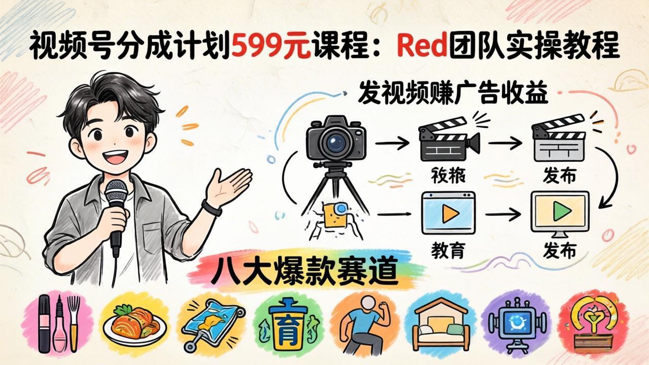 视频号分成计划599元课程：Red团队实操教程，发视频赚广告收益，八大爆款赛道全掌握-项目资源网