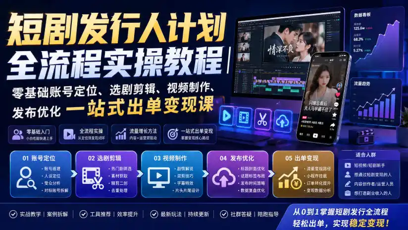 短剧发行人计划全流程实操教程|零基础账号定位、选剧剪辑、视频制作、发布优化一站式出单变现课-项目资源网