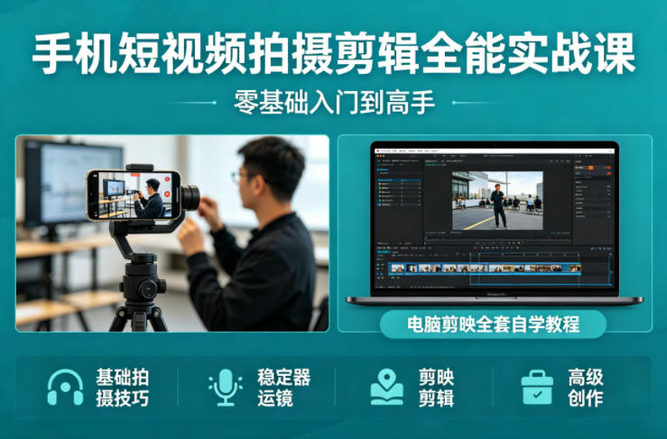 手机短视频拍摄剪辑全能实战课：零基础入门到高手，稳定器运镜+电脑剪映全套自学教程-项目资源网