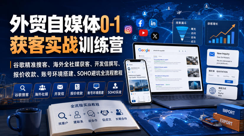 外贸自媒体0-1获客实战训练营|谷歌精准搜客、海外全社媒获客、开发信撰写、报价收款、账号环境搭建、SOHO避坑全流程教程(更新)-项目资源网