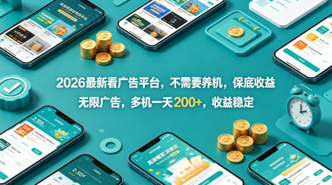 2026最新看广告平台，不需要养机，保底收益，无限广告，多机一天200+，收益稳定【揭秘】-项目资源网