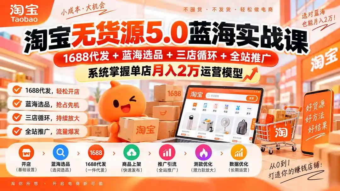 淘宝无货源5.0蓝海实战课-更新：1688代发+蓝海选品+三店循环+全站推广，系统掌握单店月入2万运营模型-项目资源网