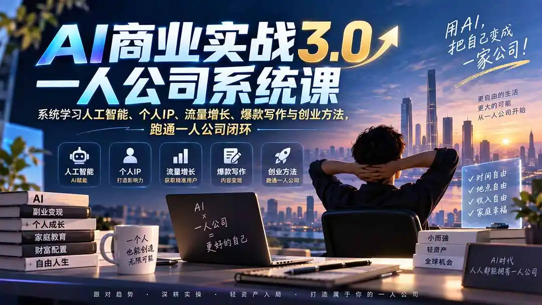 AI商业实战3.0一人公司系统课：系统学习人工智能、个人IP、流量增长、爆款写作与创业方法，跑通一人公司闭环-项目资源网