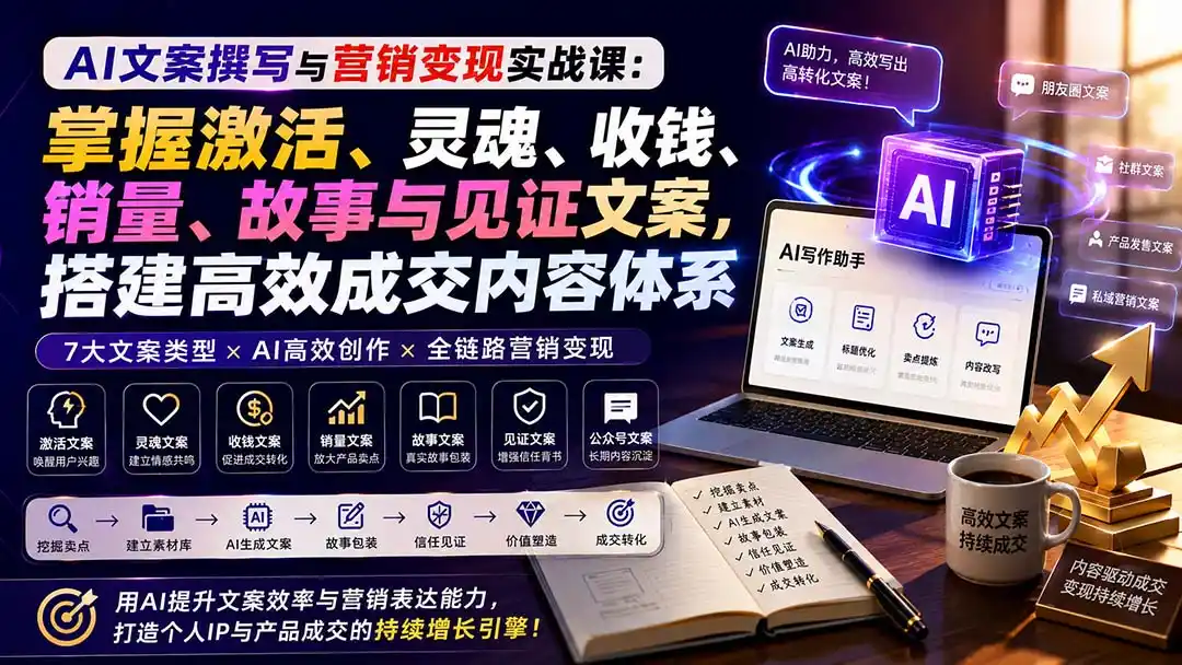 AI文案撰写与营销变现实战课：掌握激活、灵魂、收钱、销量、故事与见证文案，搭建高效成交内容体系-项目资源网