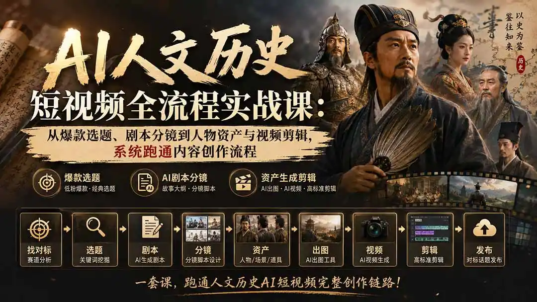 AI人文历史短视频全流程实战课-更新：从爆款选题、剧本分镜到人物资产与视频剪辑，系统跑通内容创作流程-项目资源网