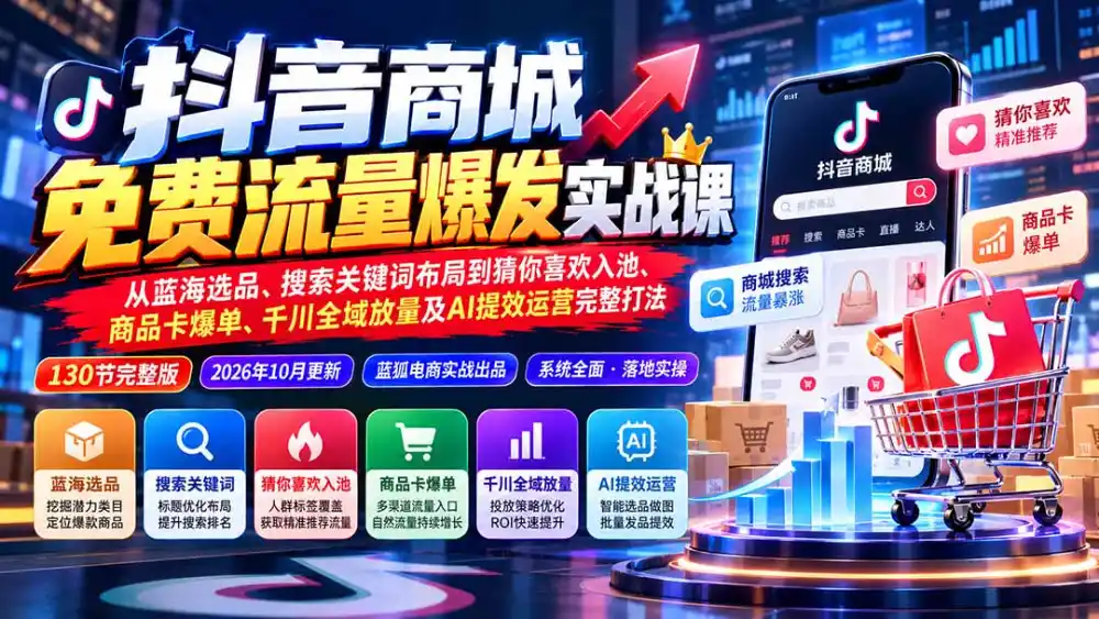 抖音商城免费流量爆发实战：从蓝海选品、搜索关键词布局到猜你喜欢入池、商品卡爆单、千川全域放量及AI提效完整打法-项目资源网