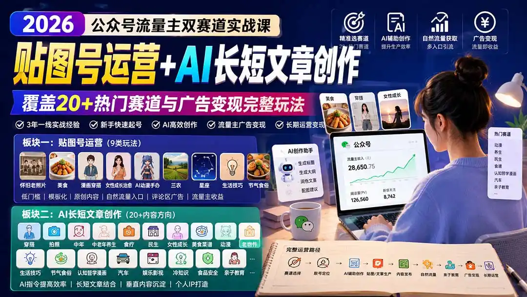 公众号流量主双赛道实战课：贴图号运营+AI长短文章创作，覆盖20+热门赛道与广告变现完整玩法-项目资源网