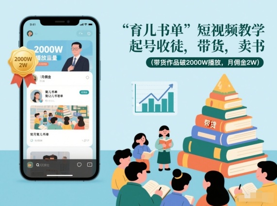 育儿书单短视频教学，起号收徒，带货，卖书(带货作品破2000W播放，月佣金2W)-项目资源网