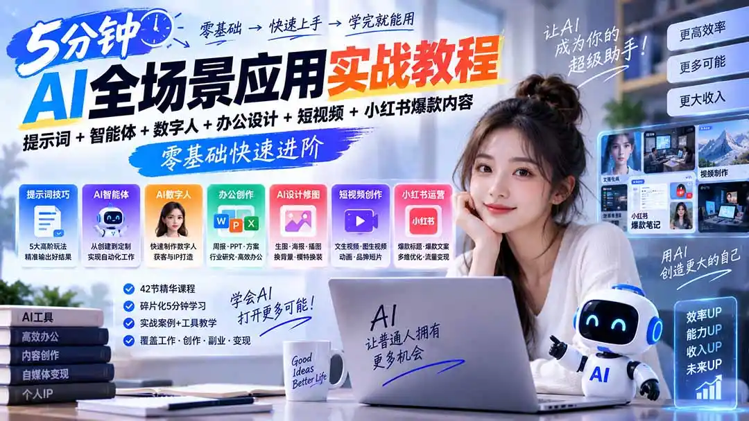 AI全场景应用实战教程｜提示词+智能体+数字人+办公设计+短视频+小红书爆款内容，零基础快速进阶-项目资源网