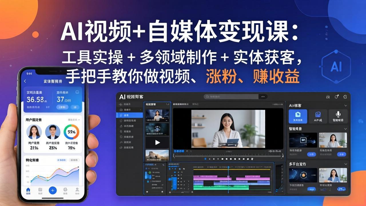 AI视频+自媒体变现课：工具实操 + 多领域制作 + 实体获客，手把手教你做视频、涨粉、赚收益-项目资源网