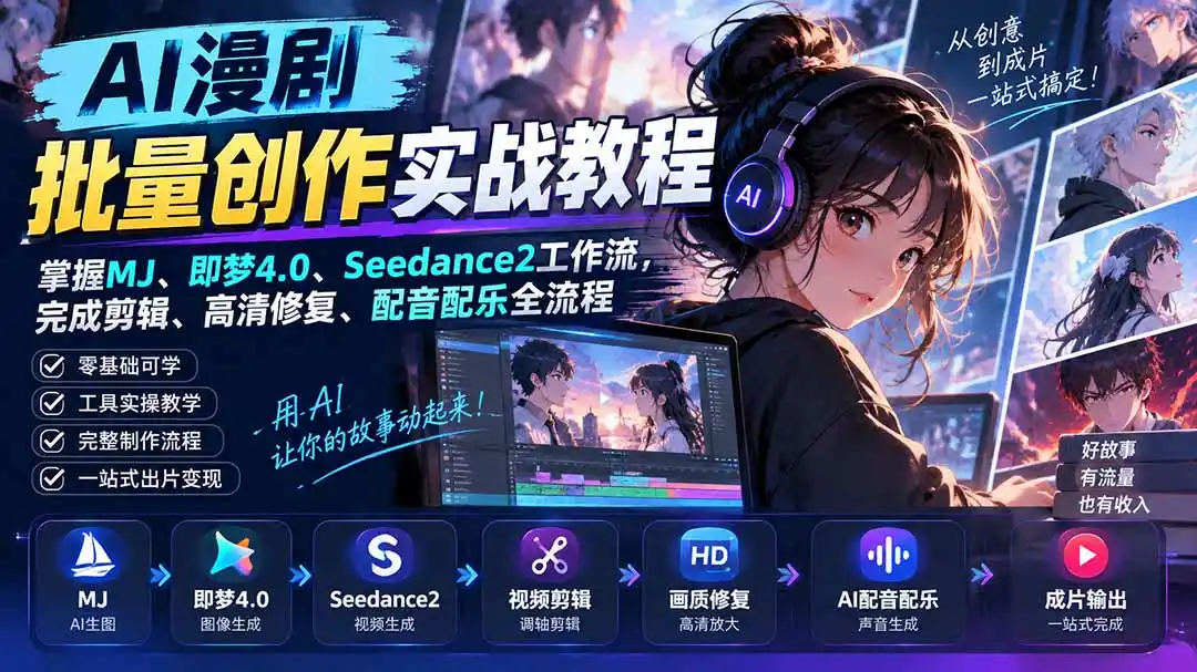 AI漫剧批量创作实战教程:掌握MJ、即梦4.0、Seedance2工作流,完成剪辑、高清修复、配音配乐全流程-项目资源网