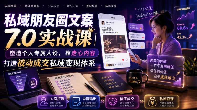 私域朋友圈文案7.0实战课｜塑造个人专属人设，靠走心内容打造被动成交私域变现体系-项目资源网