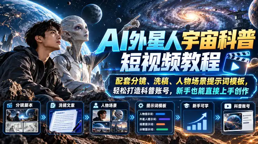 AI外星人宇宙科普短视频教程,配套分镜、洗稿、人物场景提示词模板,轻松打造科普账号,新手也能直接上手创作-项目资源网