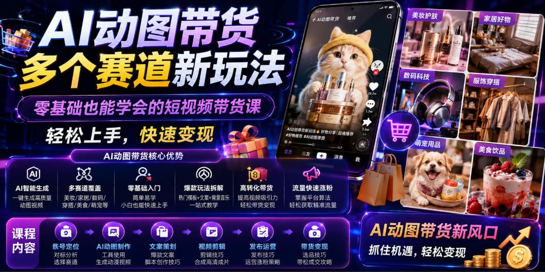 AI动图带货多个赛道新玩法,零基础也能学会的短视频带货课,轻松上手,快速变现-项目资源网
