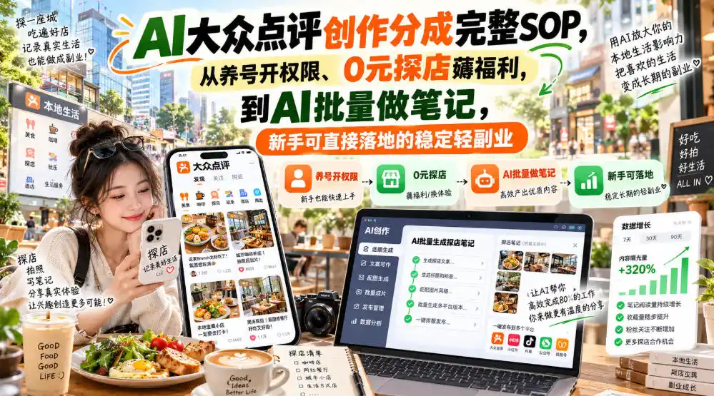 【无水印】AI大众点评创作分成完整SOP，从养号开权限、0元探店薅福利，到AI批量做笔记，新手可直接落地的稳定轻副业-项目资源网