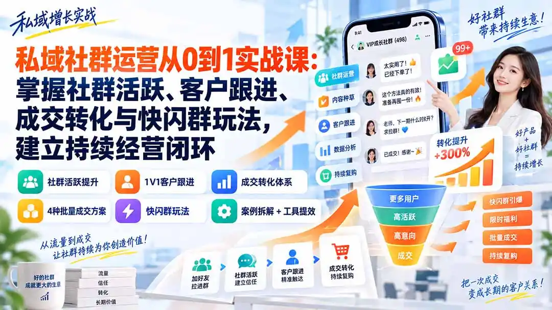 私域社群运营从0到1实战课:掌握社群活跃、客户跟进、成交转化与快闪群玩法,建立持续经营闭环-项目资源网