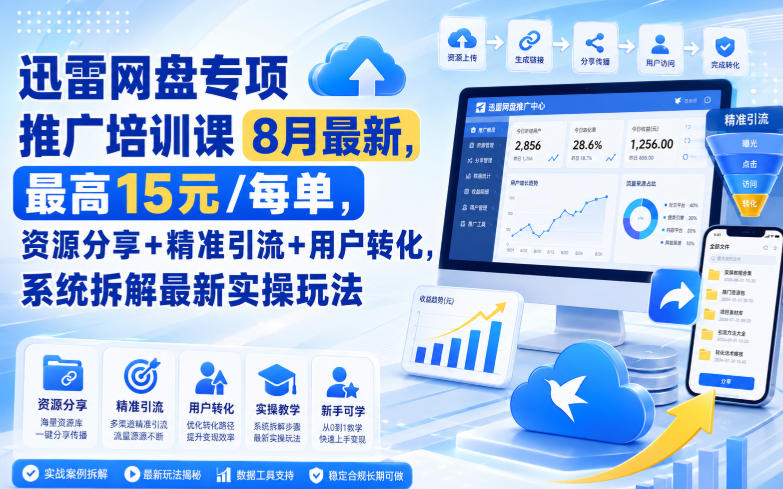 迅雷网盘专项推广培训课8月最新,最高15米/每单,资源分享+精准引流+用户转化,系统拆解最新实操玩法(更新0824)-项目资源网