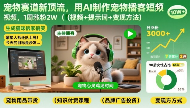 宠物赛道新顶流，用AI制作宠物播客短视频，1周涨粉2W(视频+提示词+变现方法)-项目资源网